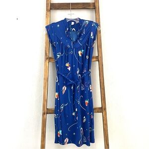 Vintage 70s Blue Abstract Butterfly Print Cap Sleeve Shirtdress Size S/M